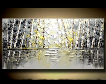 Textured Birch Forest Oil Painting: Abstract Nature Canvas Wall Art