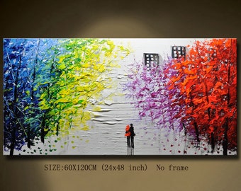 Abstract Rainbow painting on canvas bright colors Texture Knife Abstract Art Valentines Day Gift Couple Holding Hands Romantic Bedroom Decor