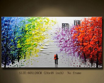 Abstract Rainbow painting on canvas bright colors Texture Knife Abstract Art Valentines Day Gift Couple Holding Hands Romantic Bedroom Decor