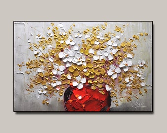 Original Gold White Blooming Flower  Painting On Canvas 3D Textured Wall Art Gold Foil Painting  Floral Art Living Room Art Natural Painting