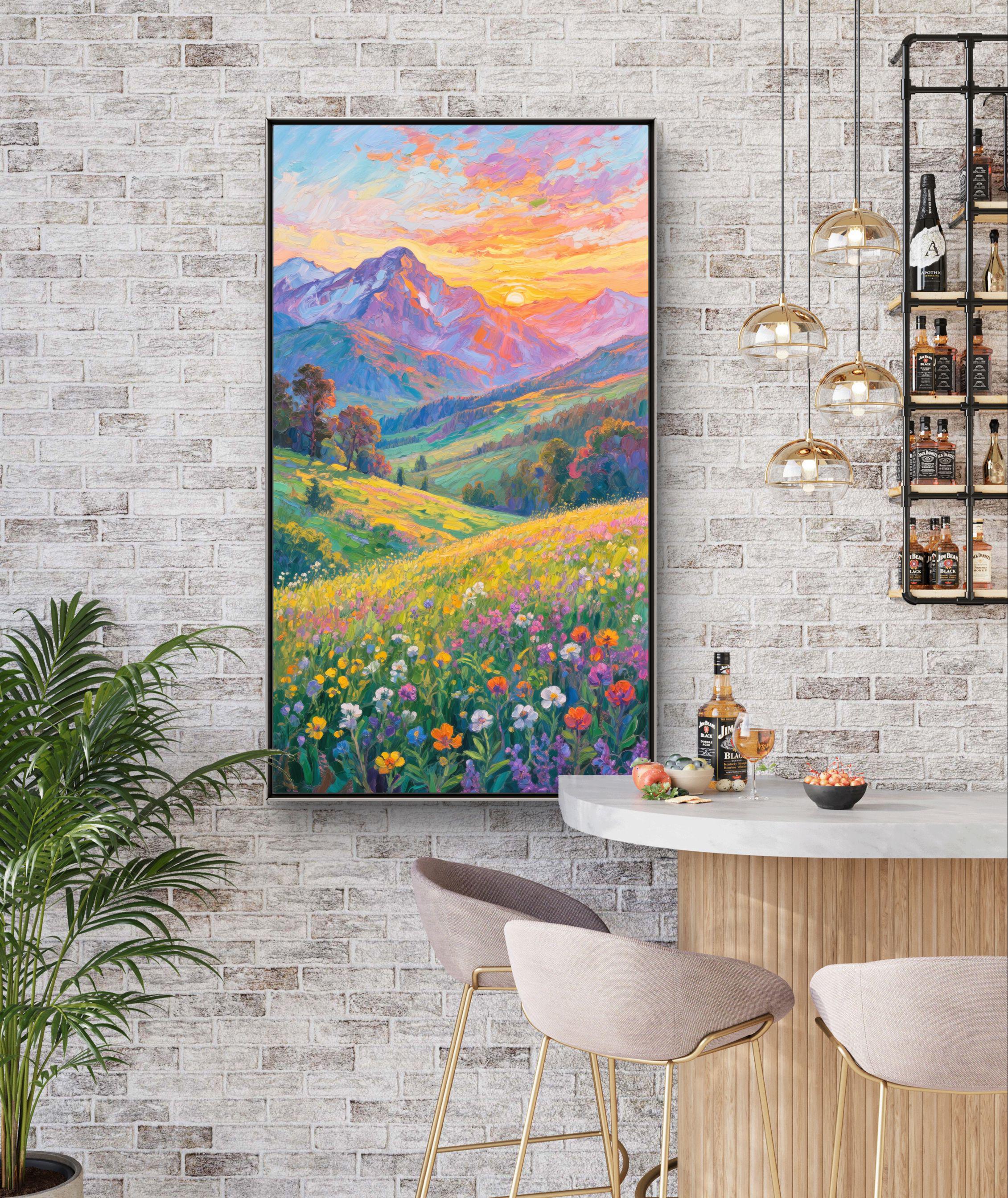 テクスチャのある山の風景油絵：3D花畑キャンバスアート - Etsy 日本