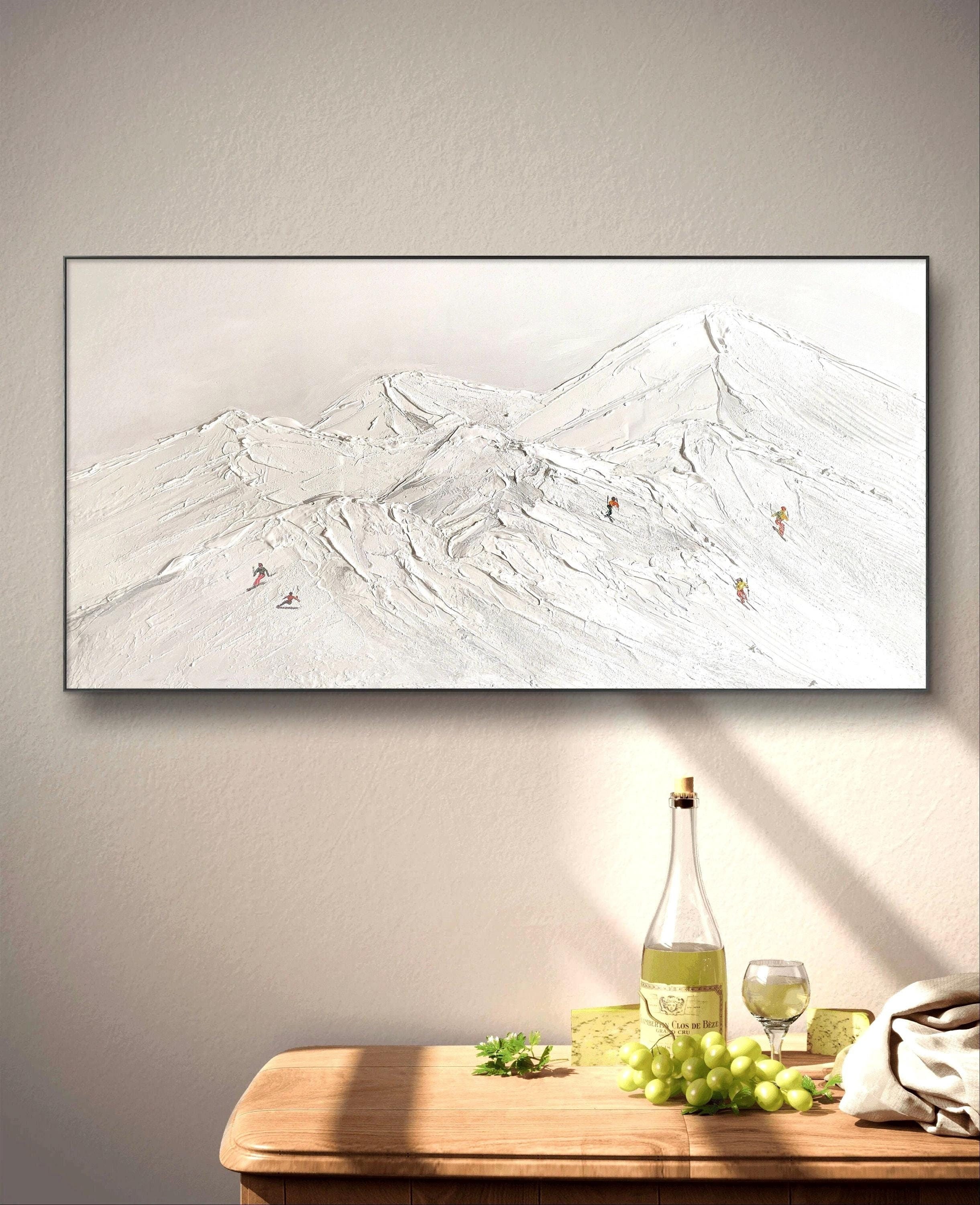 Original White Snow Skiing Painting on Canvas Mountain Art Texture Wall Art Personalized Gift