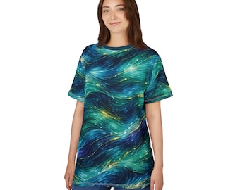 Celestial Wave Pattern Tee | Galaxy Swirl All-Over Print
