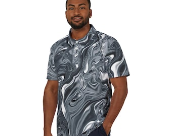 Marble Swirl Polo Shirt — Black and Gray Abstract All-Over Print