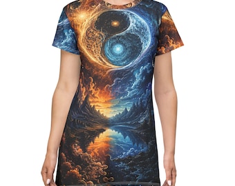 Yin Yang Galaxy landscape T-Shirt Dress | Cosmic Sun Moon All-Over Print