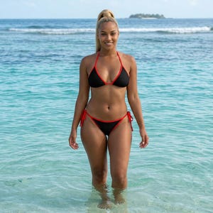 May include: A two-piece bikini set featuring a black triangle top and matching black bikini bottoms, both accented with thin, vibrant red trim along the edges. The top has thin straps, and the bottoms feature side ties for a secure fit.