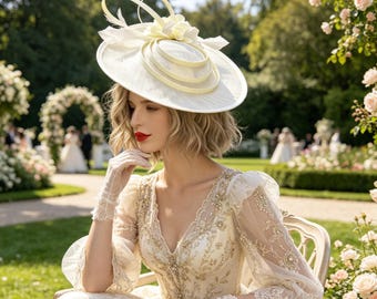 Large Sinamay Fascinator Hat - Elegant 3-Layer Linen Mesh Headpiece - Feather & Flower Statement Headband