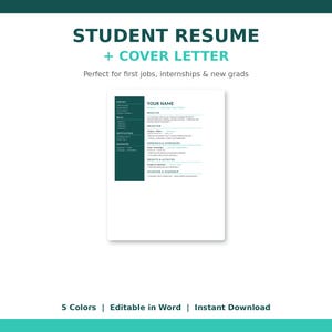 May include: A digital document template for a student resume and cover letter featuring a dark green sidebar for contact information, skills, and education. The layout includes sections for objective, experience, projects, and leadership in white.