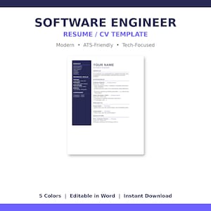 Può includere: Un modello di curriculum vitae bianco con una barra laterale blu navy. Il testo recita "SOFTWARE ENGINEER RESUME / CV TEMPLATE". Il testo aggiuntivo include "Moderno, ATS-Friendly, Tech-Focused". Il banner in basso dice "5 colori | Modificabile in Word | Download istantaneo".