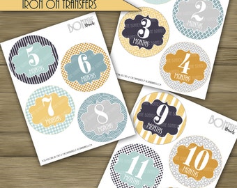 PRINTABLE DIY Monthly Baby Stickers or Iron On Transfers //  Baby Milestone // Baby Boy // Light Blue, Navy, Gold // 12 unique patterns
