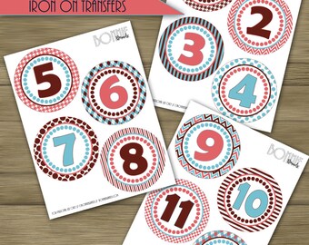 PRINTABLE DIY Monthly Baby Stickers or Iron On Transfers // Baby Milestone // Baby Girl // Pink, Light Blue, Brown  // 12 unique patterns