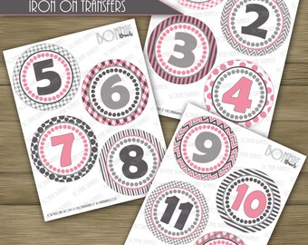 PRINTABLE DIY Monthly Baby Stickers or Iron On Transfers //  Baby Milestone // Baby Girl // Pink, Gray // 12 unique patterns