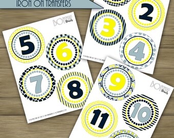 PRINTABLE DIY Monthly Baby Stickers or Iron On Transfers //  Baby Milestone // Baby Boy // Navy, Light Blue, Yellow // 12 unique patterns