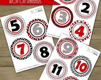 PRINTABLE DIY Monthly Baby Stickers or Iron On Transfers //  Baby Milestone // UGA // Red, Black, Gray // 12 unique patterns