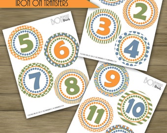 PRINTABLE DIY Monthly Stickers or Iron On Transfers //  Baby Milestone // Baby Boy // Green, Light Blue, Orange // 12 unique patterns