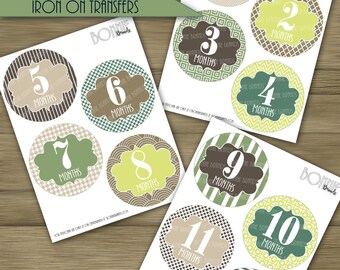 PRINTABLE DIY Monthly Baby Stickers or Iron On Transfers //  Baby Milestone // Girl or Boy // Lime Green, Teal, Gray // 12 unique patterns