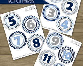 PRINTABLE DIY Monthly Baby Stickers or Iron On Transfers // Baby Milestone // The Blues // Navy, Carolina Blue, Gray // 12 unique patterns