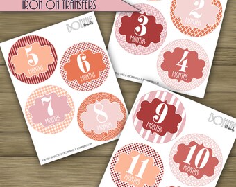 PRINTABLE DIY Monthly Baby Stickers or Iron On Transfers //  Baby Milestone // Baby Girl // Pink, Coral, Orange // 12 unique patterns