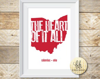 8x10 INSTANT DOWNLOAD // The Heart Of It All State Print // Ohio State Buckeyes Wall Art // State Print