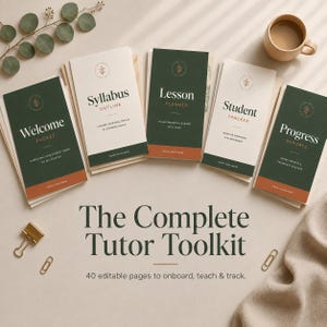 May include: A set of five rectangular cards labelled Welcome Packet, Syllabus Outline, Lesson Planner, Student Tracker, and Progress Reports. The cards feature dark green and cream sections with orange accents, gold binder clips, and text.