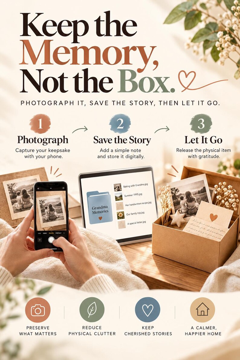 Puede incluir: Un gr&aacute;fico instructivo titulado Keep the Memory, Not the Box. Describe un proceso de tres pasos: Fotografiar, Guardar la historia y Dejar ir. La imagen muestra un tel&eacute;fono inteligente capturando una caja de recuerdos.