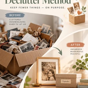 Puede incluir: Una gu&iacute;a visual titulada The Sentimental Declutter Method que muestra una comparaci&oacute;n de antes y despu&eacute;s. La secci&oacute;n de antes muestra una caja de cart&oacute;n llena de fotos antiguas, un oso de peluche y baratijas. La secci&oacute;n de despu&eacute;s presenta una foto enmarcada, una caja Keepsake etiquetada y libros apilados.