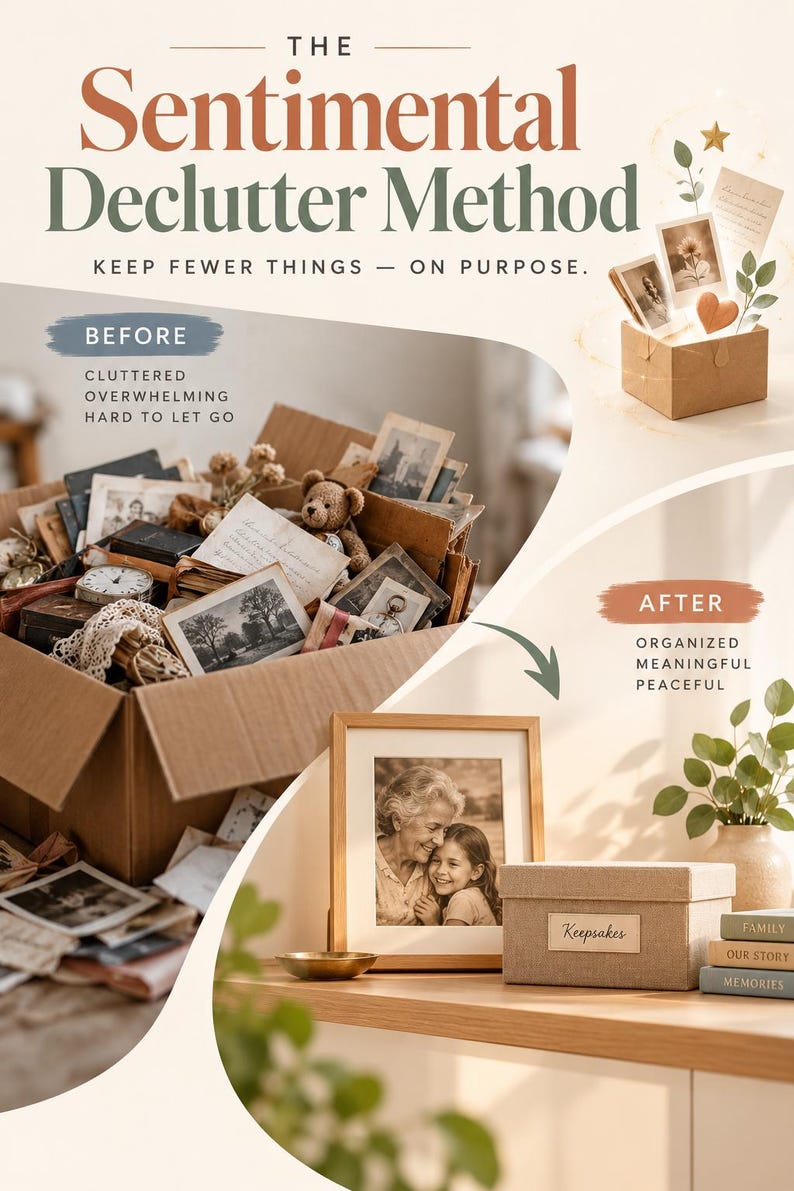 Puede incluir: Una gu&iacute;a visual titulada The Sentimental Declutter Method que muestra una comparaci&oacute;n de antes y despu&eacute;s. La secci&oacute;n de antes muestra una caja de cart&oacute;n llena de fotos antiguas, un oso de peluche y baratijas. La secci&oacute;n de despu&eacute;s presenta una foto enmarcada, una caja Keepsake etiquetada y libros apilados.