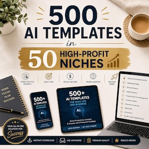 May include: Promotional image for AI templates, featuring a laptop, tablet, and smartphone displaying the text "500+ AI TEMPLATES." The image includes a notebook, coffee cup, and icons representing business and productivity.
