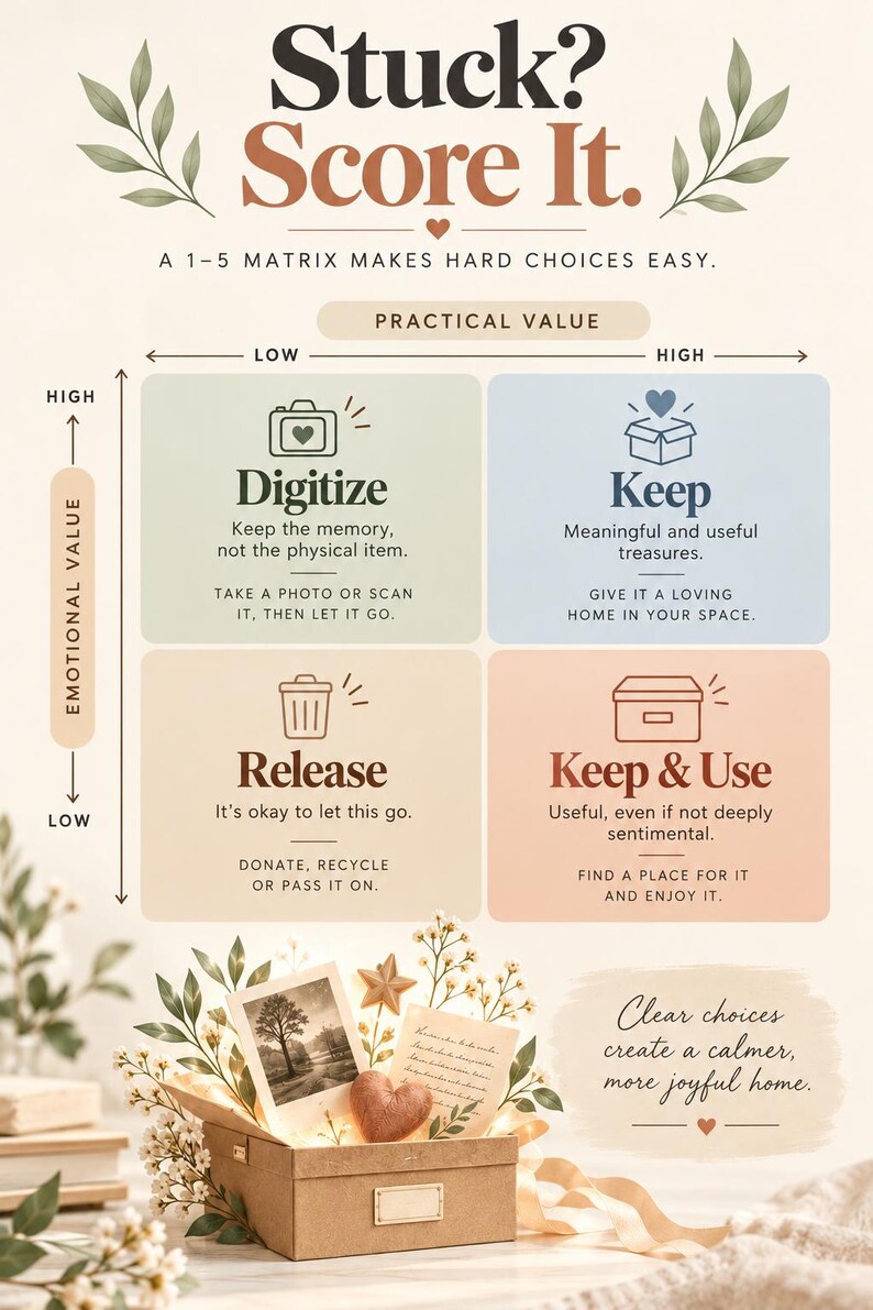 Puede incluir: Una matriz de decisi&oacute;n titulada Stuck? Score It. con una escala del 1 al 5 para el valor pr&aacute;ctico y emocional. Cuatro cuadrantes llamados Digitize, Keep, Release y Keep & Use. Debajo, una caja de cart&oacute;n contiene una foto y una nota.