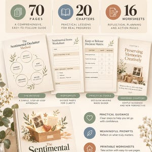 Puede incluir: Una gu&iacute;a digital titulada The Sentimental Declutter Method de Techfinder, que incluye 70 p&aacute;ginas, 20 cap&iacute;tulos y 16 hojas de trabajo. El dise&ntilde;o presenta diagramas, matrices de decisi&oacute;n y texto sobre la organizaci&oacute;n y la preservaci&oacute;n.