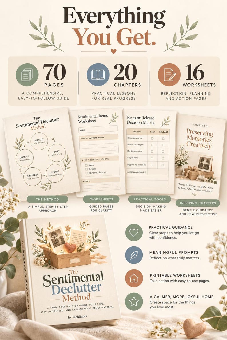 Puede incluir: Una gu&iacute;a digital titulada The Sentimental Declutter Method de Techfinder, que incluye 70 p&aacute;ginas, 20 cap&iacute;tulos y 16 hojas de trabajo. El dise&ntilde;o presenta diagramas, matrices de decisi&oacute;n y texto sobre la organizaci&oacute;n y la preservaci&oacute;n.