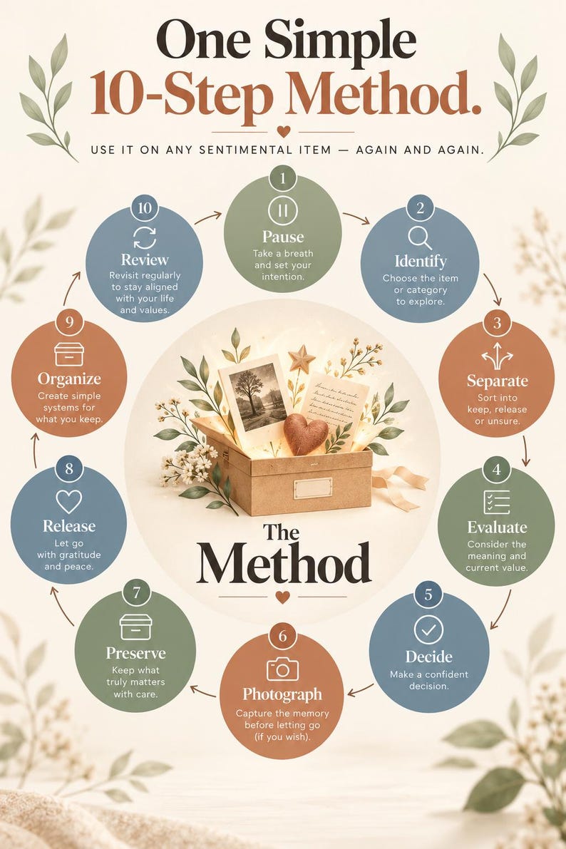 Puede incluir: Una infograf&iacute;a titulada One Simple 10-Step Method que muestra una caja de cart&oacute;n central llena con una fotograf&iacute;a, una carta y un objeto en forma de coraz&oacute;n. Diez c&iacute;rculos numerados en tonos apagados rodean la caja, cada uno con un paso y texto descriptivo para organizar art&iacute;culos sentimentales.