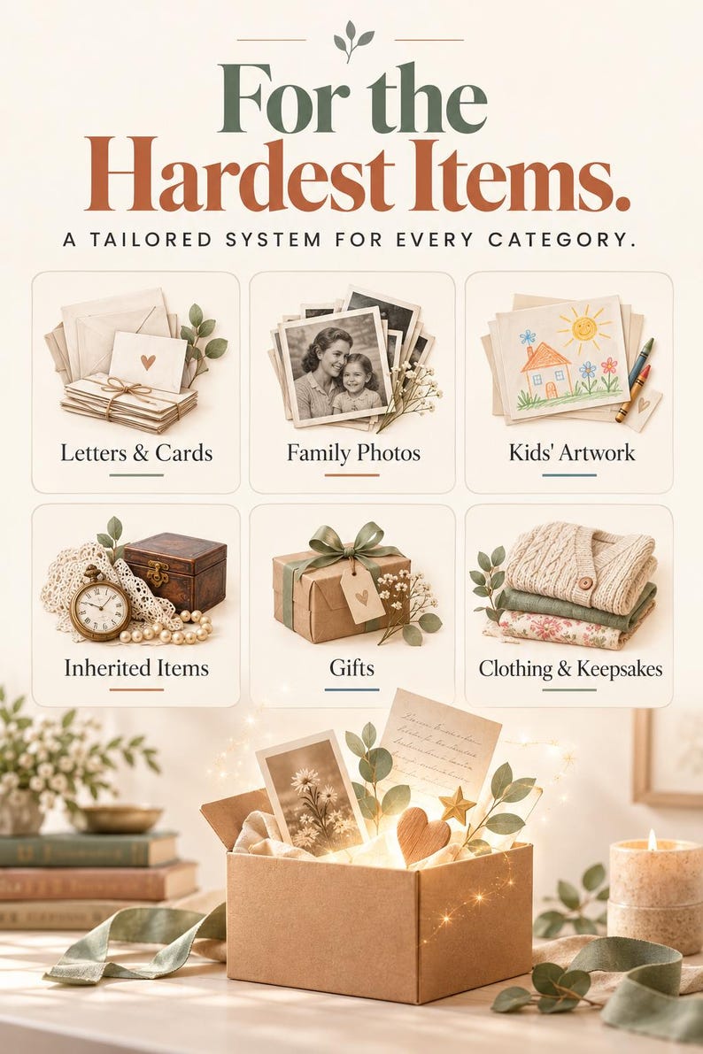 Puede incluir: Un gr&aacute;fico promocional titulado For the Hardest Items. A Tailored System for Every Category. Muestra seis categor&iacute;as etiquetadas: Letters & Cards, Family Photos, Kids' Artwork, Inherited Items, Gifts y Clothing & Keepsakes.
