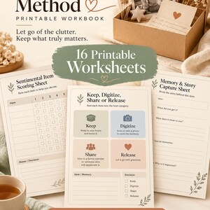 Puede incluir: Un libro de trabajo imprimible titulado The Sentimental Declutter Method con 16 hojas de ejercicios. Las p&aacute;ginas incluyen una hoja de puntuaci&oacute;n de art&iacute;culos, una gu&iacute;a de clasificaci&oacute;n y una hoja para capturar historias y recuerdos.