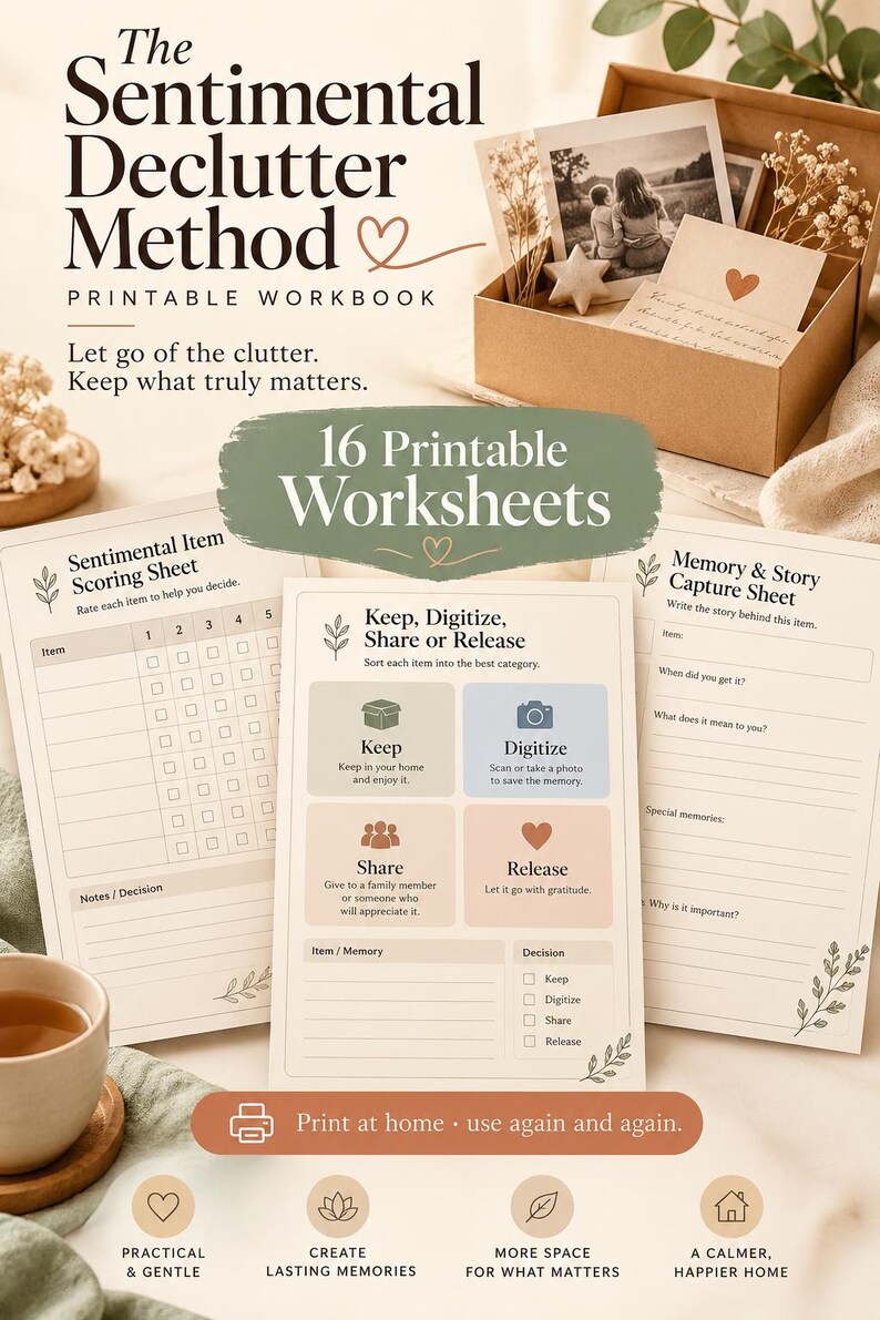Puede incluir: Un libro de trabajo imprimible titulado The Sentimental Declutter Method con 16 hojas de ejercicios. Las p&aacute;ginas incluyen una hoja de puntuaci&oacute;n de art&iacute;culos, una gu&iacute;a de clasificaci&oacute;n y una hoja para capturar historias y recuerdos.