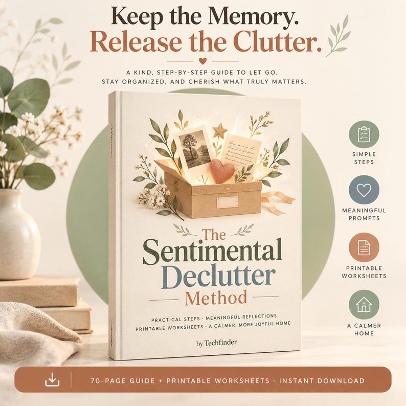 Puede incluir: Un libro titulado The Sentimental Declutter Method de Techfinder. La portada muestra una caja marr&oacute;n llena de fotos, un coraz&oacute;n y una estrella, rodeados de ilustraciones bot&aacute;nicas. El texto dice Keep the Memory. Release the Clutter.