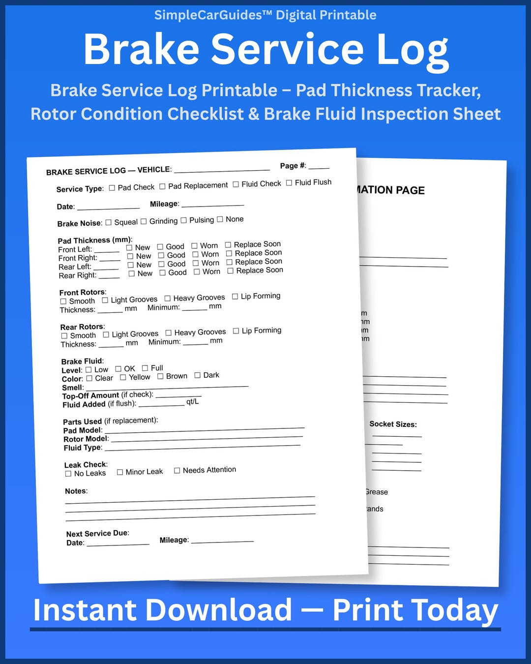 Brake Service Log Printable – Pad Thickness Tracker, Rotor Condition ...