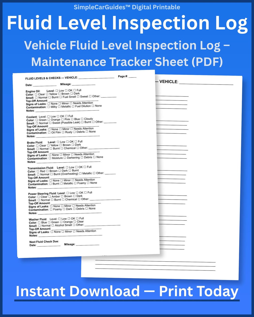 Fill Level Inspection Form Vehicle Fluid Level Inspection Log – Maintenance Tracker Sheet (PDF) - Etsy