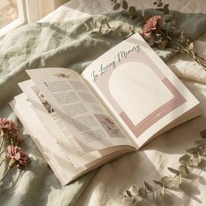 Könnte beinhalten: Ein aufgeschlagenes Gedenkbuch mit cremefarbenen Seiten, dem Text In Loving Memory, einem rosafarbenen Bogenrahmen und Blumenillustrationen. Das Buch ist mit getrockneten rosa Nelken und Eukalyptuszweigen auf einem weichen Stoff arrangiert.