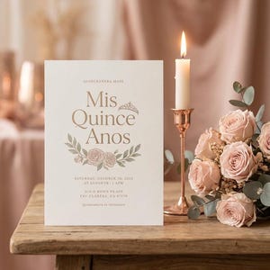 May include: A rectangular white card featuring the text "Mis Quince Anos" in gold lettering, a small crown icon, and a floral illustration. The card includes event details such as date, time, and location, with "Quinceanera in Invitation" at the bottom.