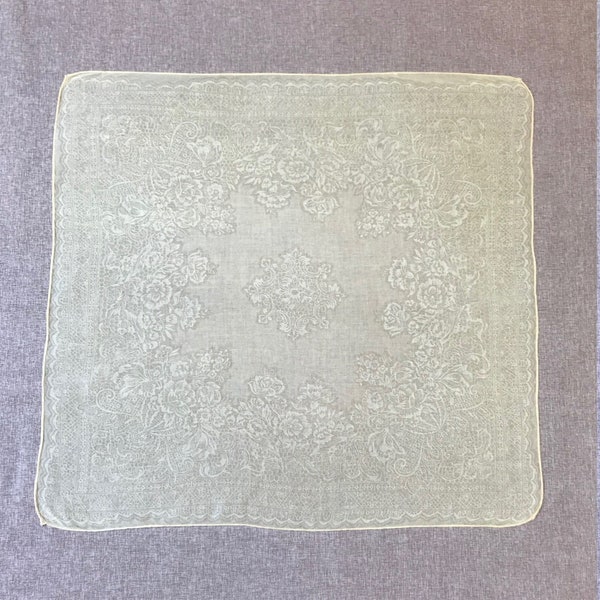 Pastel Yellow Shadow Hanky with Floral & Lace Design Vintage Hanky