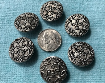 Set of 6 Fancy Vintage Silver Metal Shank Buttons 7/8 Inch sewing Buttons Craft Buttons