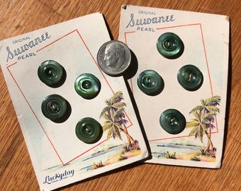 Set of 8 Vintage Iridescent Green Pearl Buttons on Original Cards  1/2 Inch Sew Thru Buttons Sewing Buttons