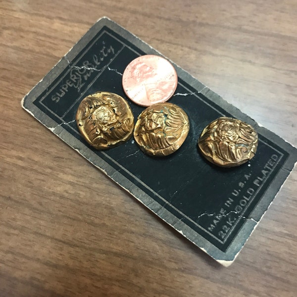 22K Gold Plated Shank Buttons on Original Card Set of 3 Approximately 3/4 Inch Sewing Buttons Craft Buttons