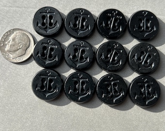 Set of 12 Vintage Black Anchor Buttons 5/8 Inch Navy Pea Coat Cuff Buttons