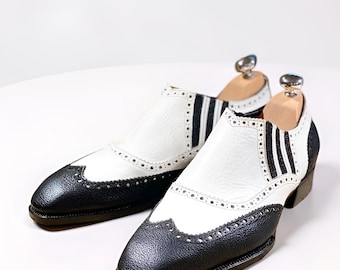 Bespoke Men's Black White  Shoes, Handmade Genuine Leather Wing Tip Slip ,  Theme Dress Shoes, Luxury Gift For Him