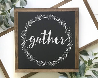 Wood Sign, Wood Wall Art, Gather Sign, Family Room Sign, Inspirational Sign, Framed Wall Art, Hand Painted Wood Sign, Rustic Wood Sign