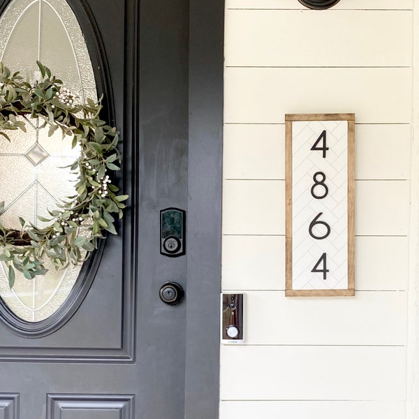 Vertical Address Sign, "The Busy Herringbone" - Framed House Numbers, House Number Plaque, Modern Address Sign, Farmhouse Sign, Wood Sign