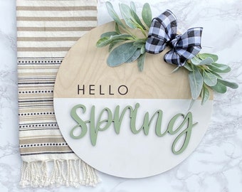 Hello Spring Door Sign, Front Door Hanging, Door Wreath, Color Dip, Round Wood Sign, Spring Sign, Hanging Sign, Lambs Ear, Buffalo Check, 3D