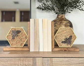 Honeycomb Bookends, Bee Bookends, Book Stoppers, Wooden Book Ends, Laser Cut Bookends, Modern Decor, Shelf Decor